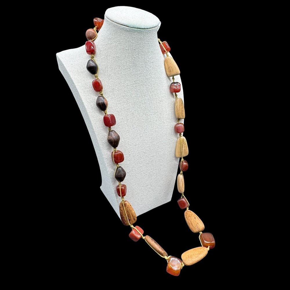 Vintage Necklace Red Carnelian Semi-Precious Stones Beads and Wooden Beads 34 in